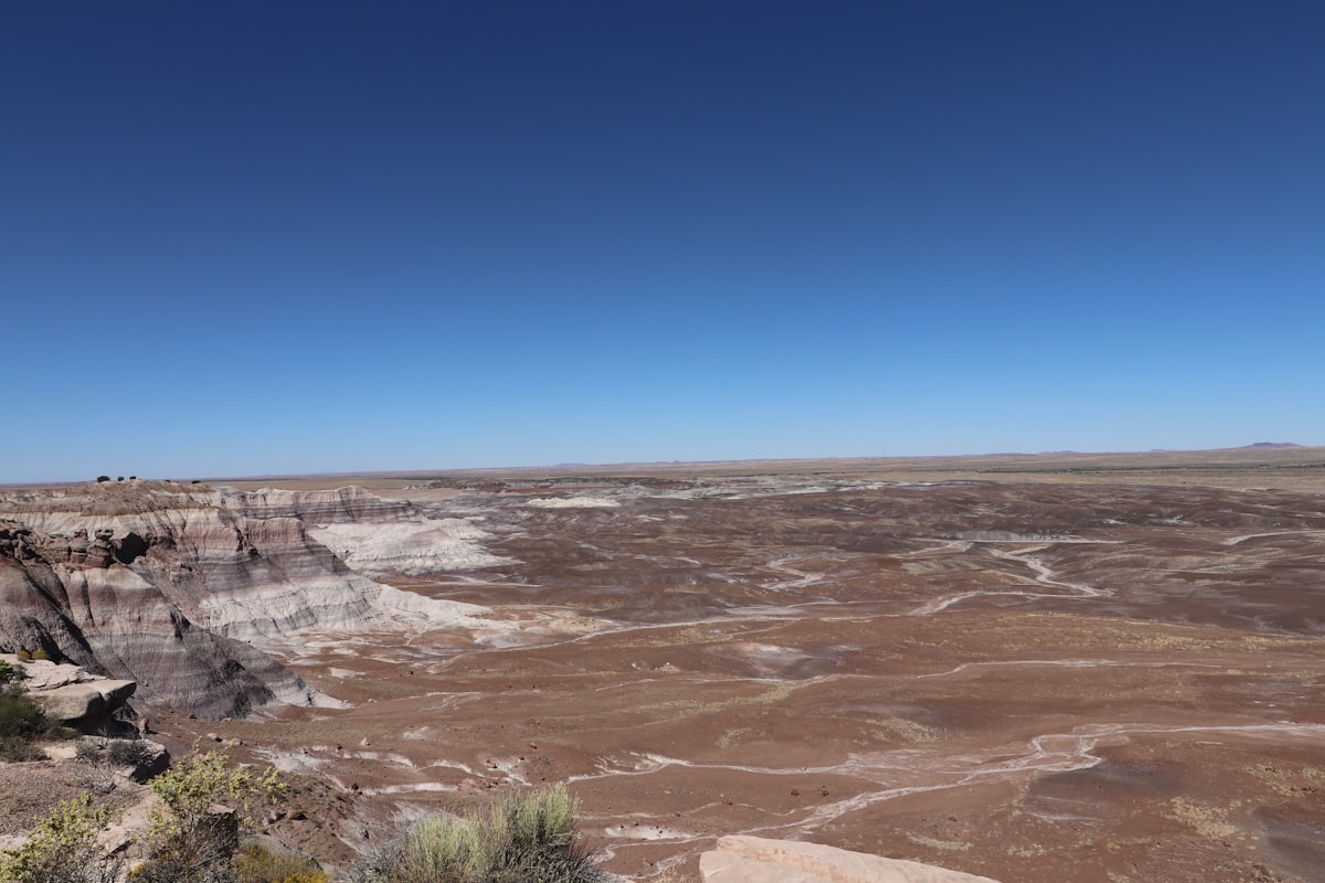 A panoramic view of a desert with a blue sky