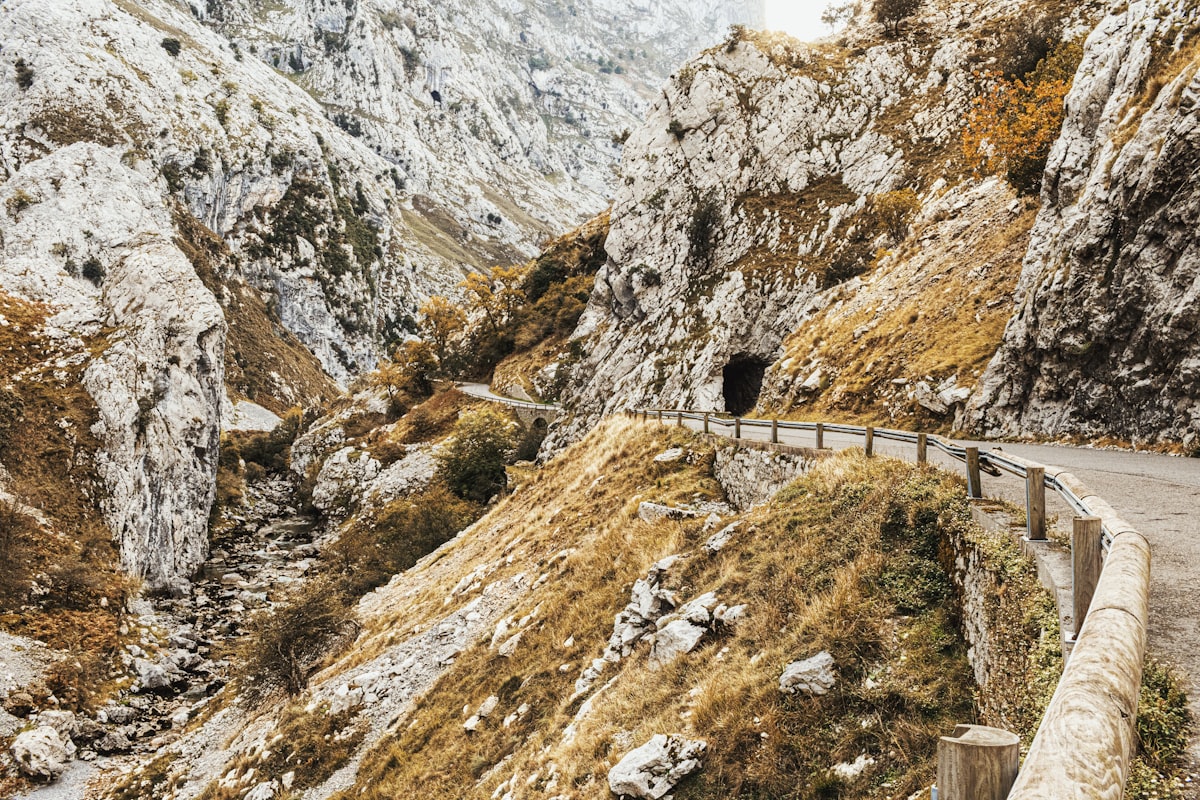 A winding road through a rocky mountain canyon.