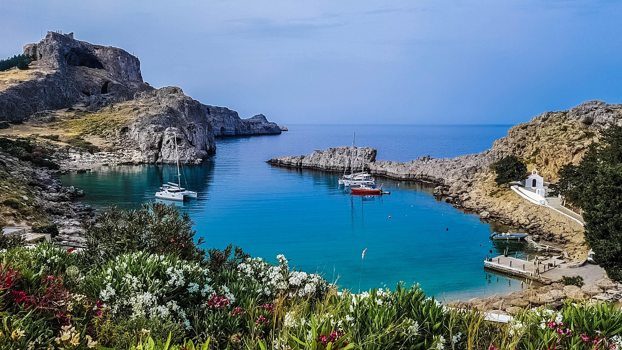 lindos, rhodes, greece, sea, landscape, blue, greek, mediterranean, nature, tourism, heaven