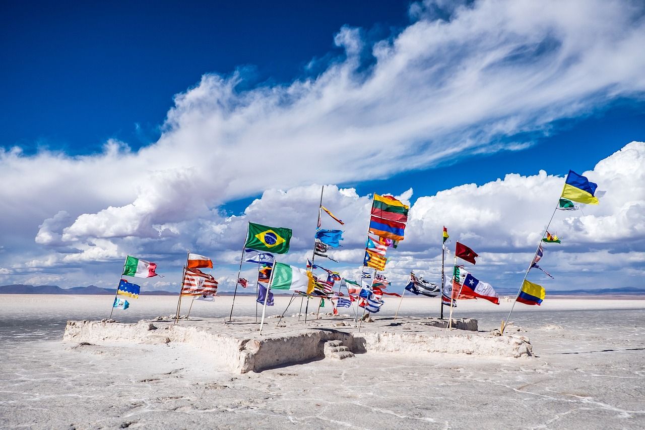 bolivia, salt lake, lake, nature, wind, sky, clouds, destination, shore, outdoors, flags