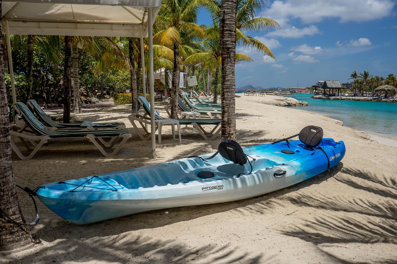 resort, kayak, lagoon, tropical, water, beach, summer, nature, vacation, sand, coast, island, boat, landscape, sea, shore, holiday, travel, recreation, sun, blue, colorful, coastline, sport, tourism, sky, relaxation, activity, leisure, tourist, palm tree, blue sky, brown sports, brown boat, brown island