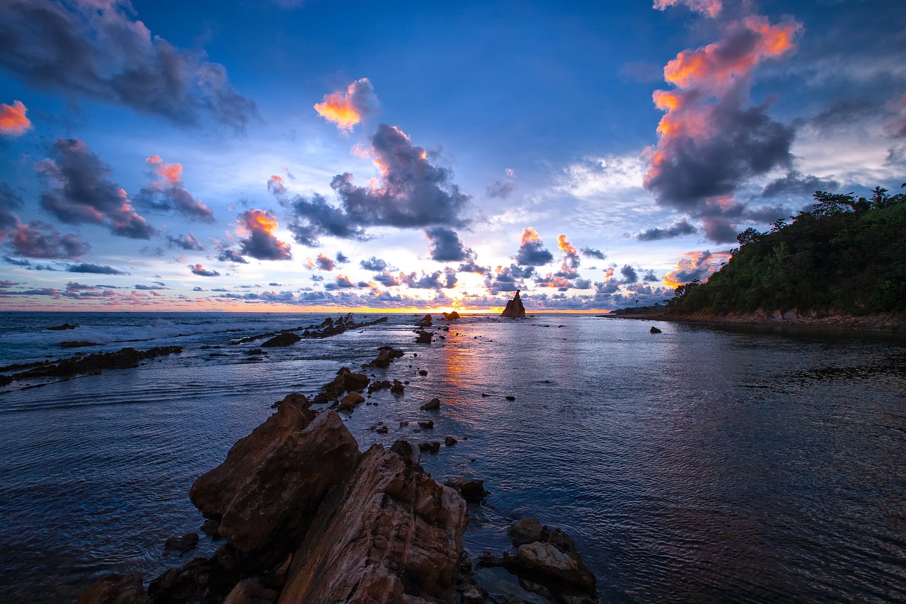 sunset, the indian ocean, nature, coast, reef, cloud, sour golden coast, java island, indonesia