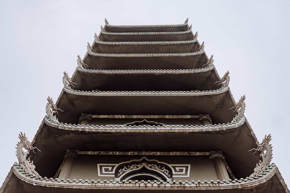 Ancient pagoda with decorative details and layers.