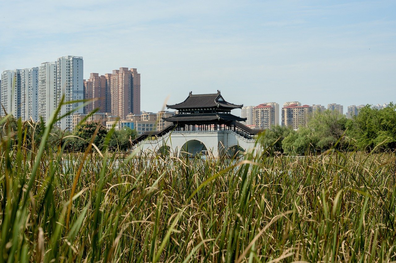 asia, china, xiangtan, landscape, scenic, horizon, city, urban, building, architecture, cityscape, outdoors, park, nature, garden, bridge, lake, grass, leaves, green, historical, old, story