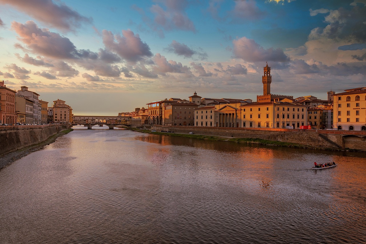 river, city, ponte vecchio, bridge, arch bridge, buildings, old town, water, landmark, historical, tourism, florence, italy