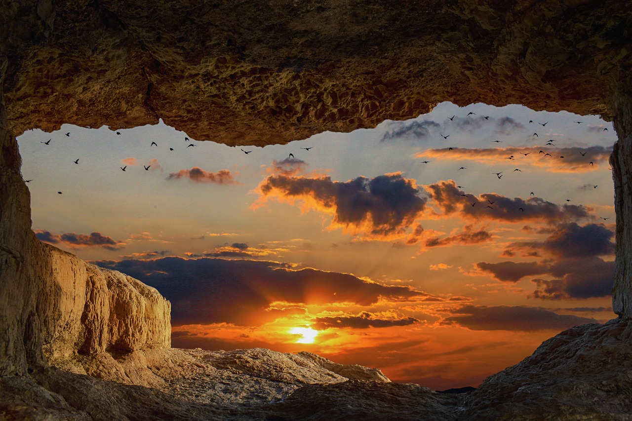 landscape, cave, stone, sunset, darling, nature, clouds, birds