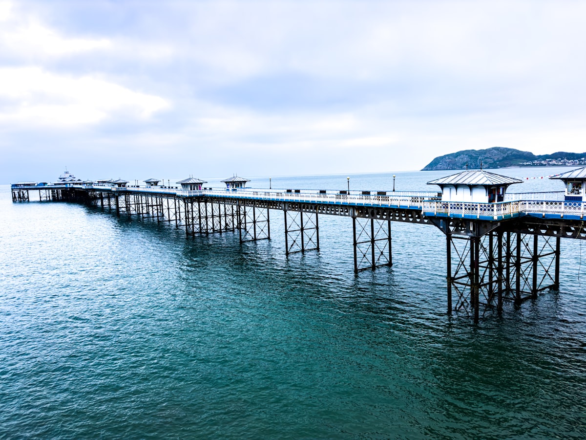a pier on a body of water under a cloudy sky