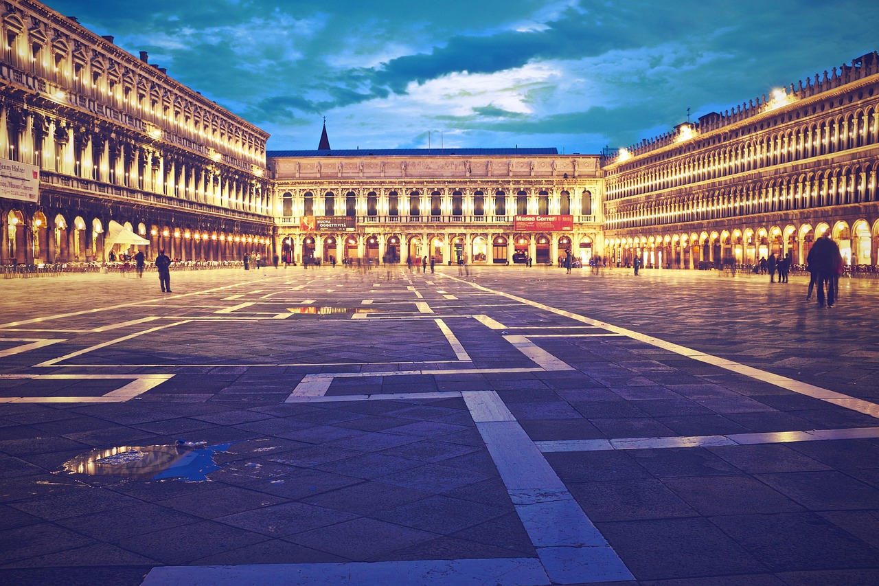 piazza san marco, venice, nature, italy, square, people, cobblestone, lights, buildings, architecture, night, night sky, evening, sky