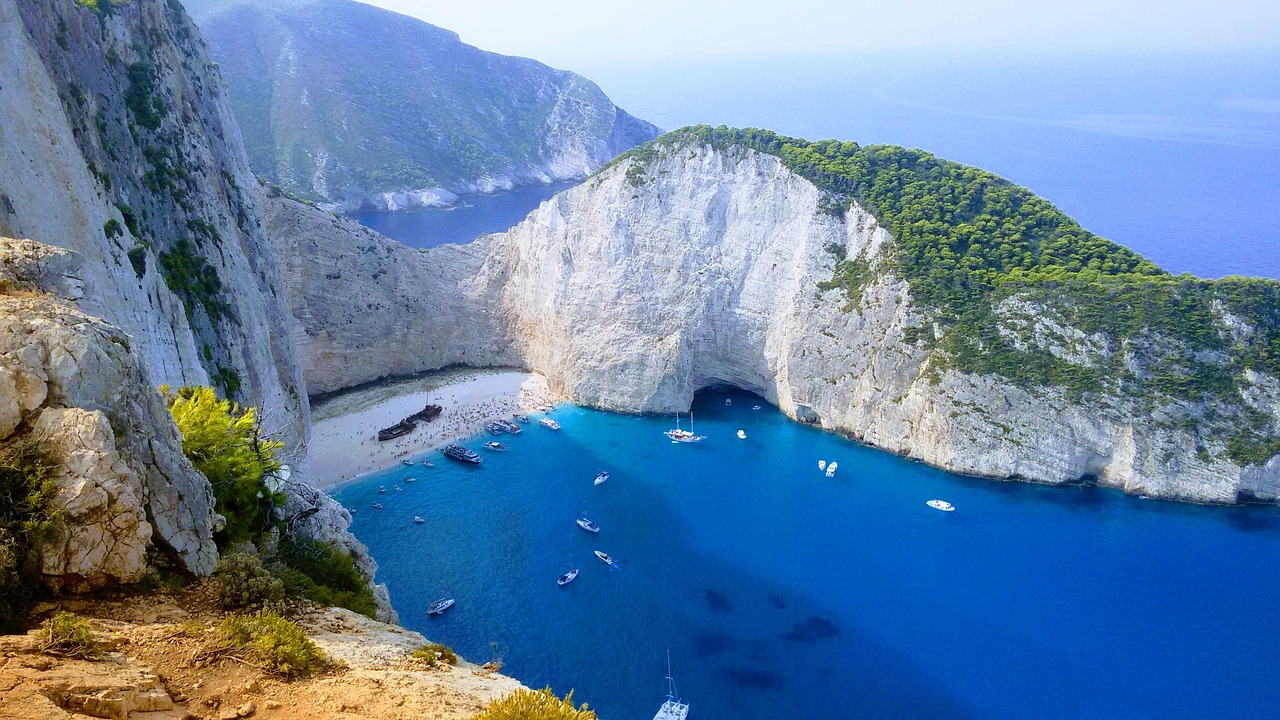 zakintos, nature, beach, navagio, sea, panorama, shipwreck, rocks, blue