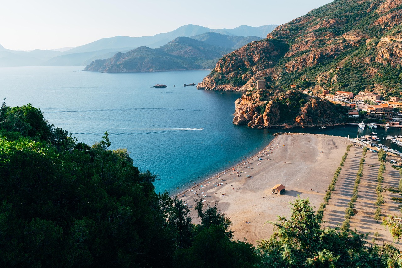 coast, corsica, landscape, scenery, nature, hills, beach, water, sea, ocean, village, travel, vacation, mountains, sunset, evening, island, boats, outdoors