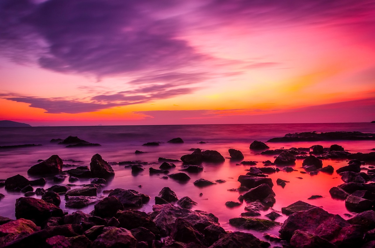 sunset, rocks, beach, dusk, twilight, horizon, afterglow, skyscape, seascape, rocky beach, rocky shore, ocean, sky, clouds, sea, water, stones, boulders, scenic, seaside, seashore, nature, outdoors