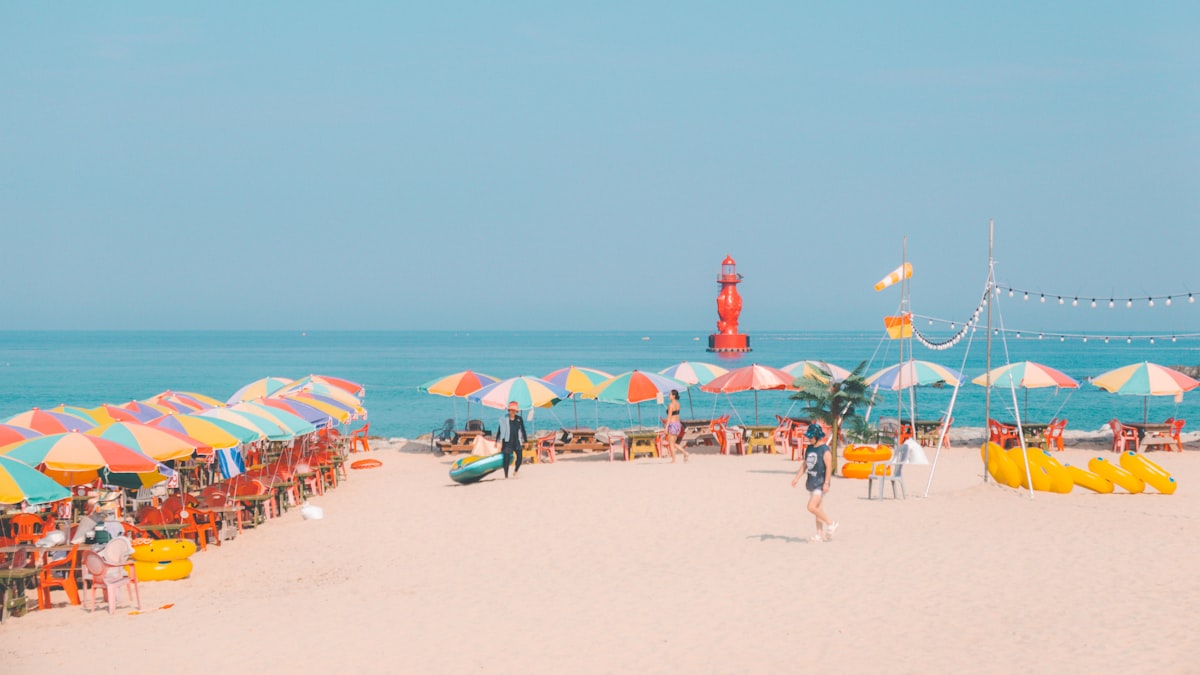 Colorful umbrellas line a sunny beach with ocean background.