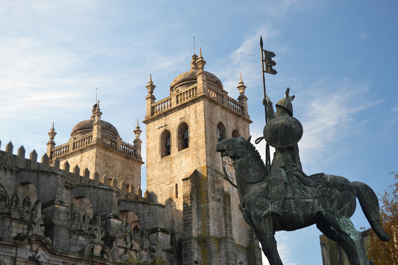 porto cathedral, statue, porto, portugal, se de porto, cathedral, church, towers, statue of vímara peres, sculpture, monument, architecture, historical, ancient, porto cathedral, porto cathedral, porto cathedral, porto cathedral, porto cathedral, porto, porto, porto