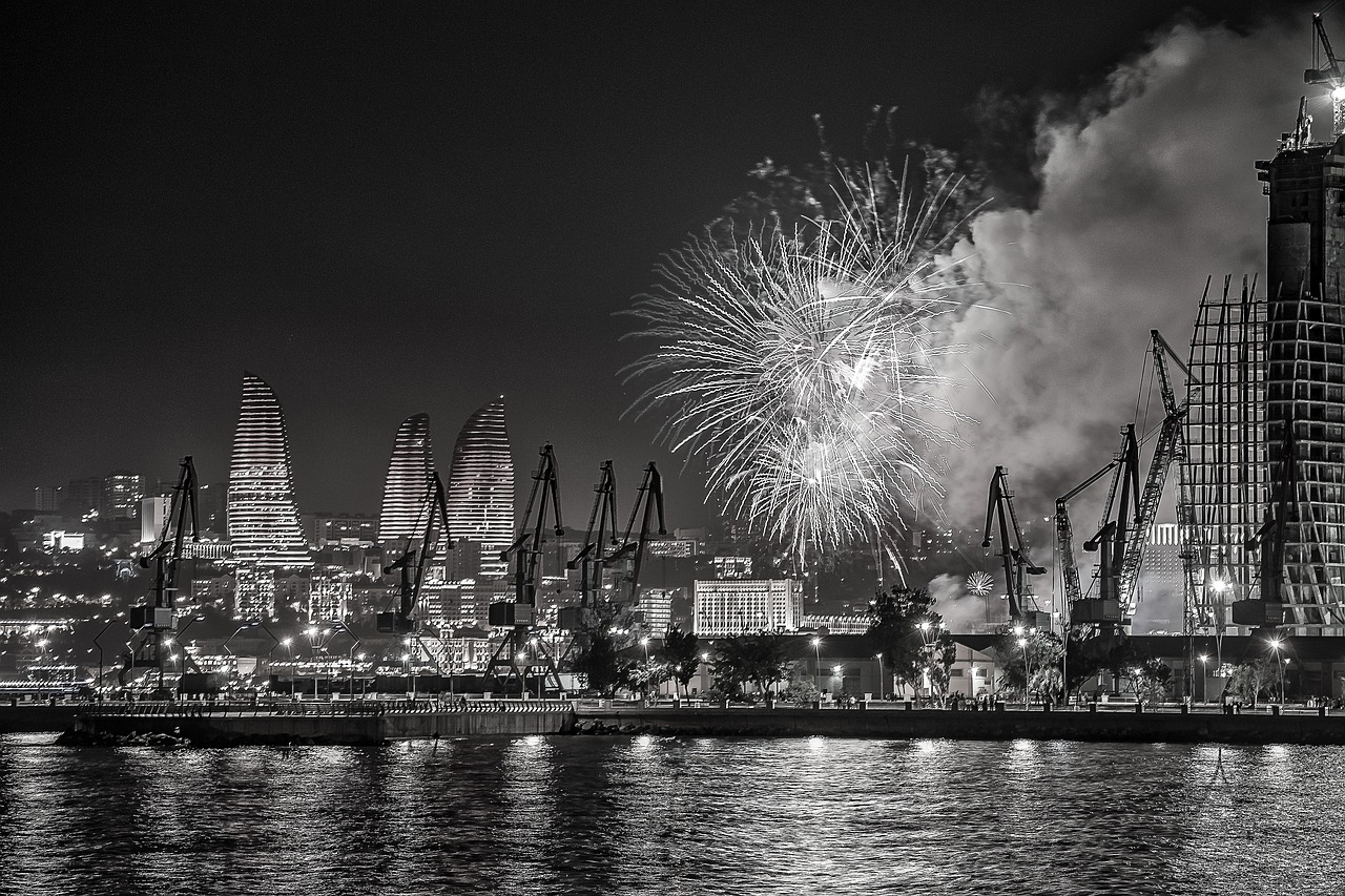 fireworks, baku, night, azerbaijan, evening, city, water, light, lighting, reflections, outside, nature, black and white, caspian, boulevard, flame towers, sky, landscape, night sky, smoke, gray night, gray smoke