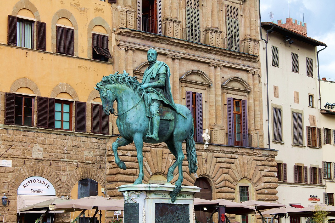 piazza della signoria, florence, statue, sculpture, italy, equestrian monument of cosimo i