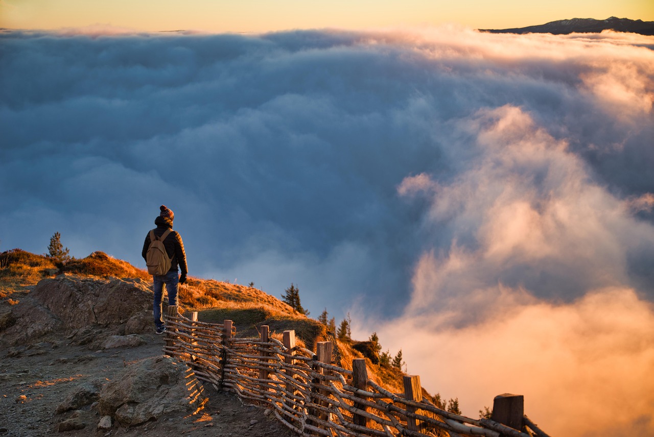 landscape, mountain, summit, clouds, sunset, sun, man, silhouette, observer, countryside, nature, winter, freedom, clermont ferrand, puy de dôme, france, europe, mountain, summit, sun, man, man, man, man, man, winter, france