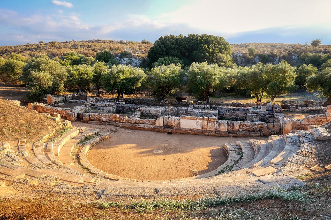 crete, greece, amphitheater, sunset, island, roman architecture, historical site, architecture, atrium, theatre, open air theatre, nature, ruins, cultural asset