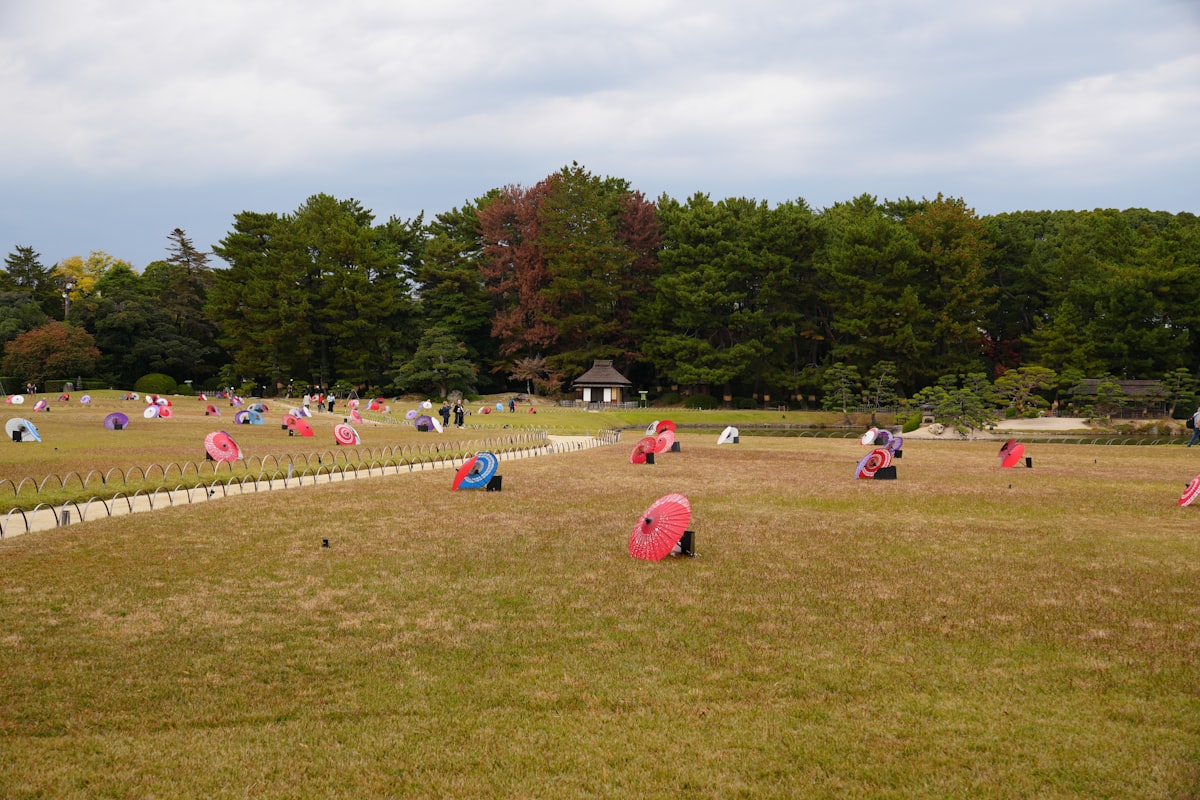 Many colorful scarecrows scattered across a grassy field.