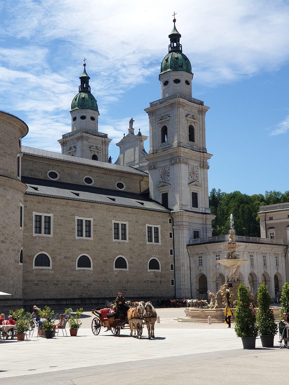 salzburg, cathedral, coach, horse, carriage, coachman, horse drawn carriage, old town, church, catholic, christianity, religion, culture, travel, tourism, outdoors, urban, city, austria