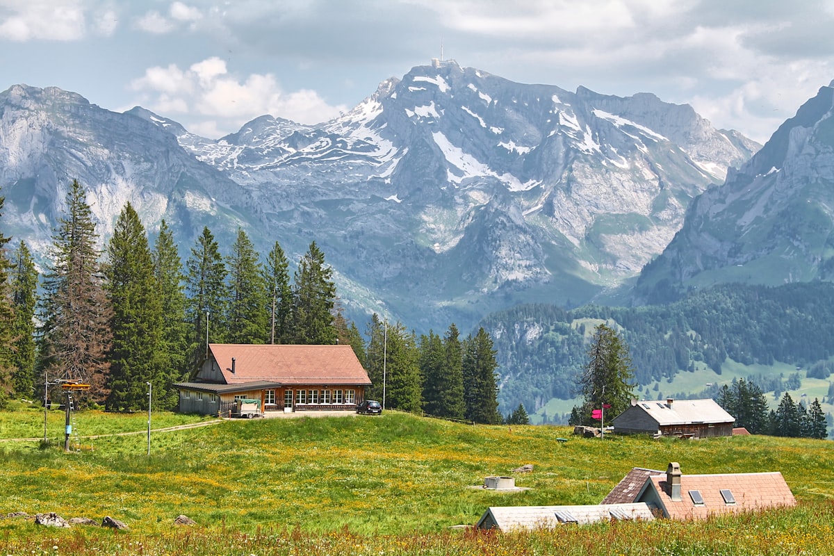 a cabin in the middle of a field with mountains in the background