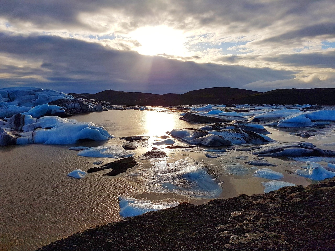 sunset, iceberg, lagoon, cloud, ice, sky, breathtaking, sun, svinafellsjokull, iceland, nature, stunning, golden lake, calm, peaceful, scenic