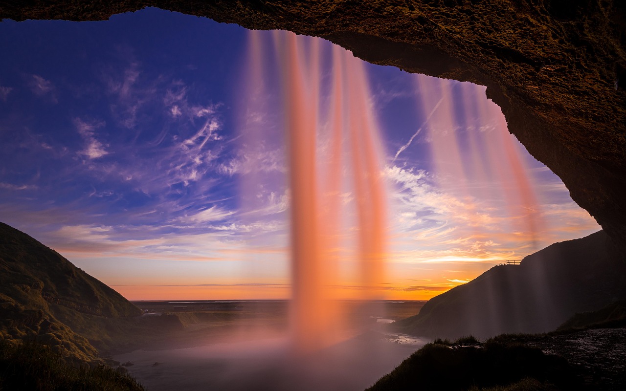 iceland, landscape, nature, water, heaven, sun, sunset, waters, waterfall, seljalandsfoss