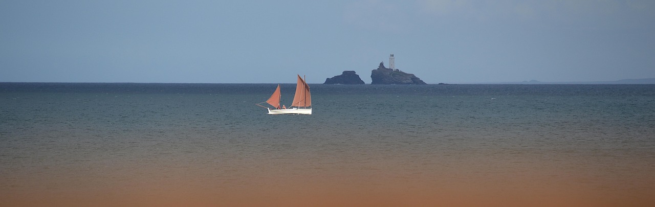 porthkidney beach, godrevy, st ives, blue sky, cornwall, sea, sail boat, old, lighthouse, vessel, travel, boat, nautical, nature, ship, sail, sailboat, water, yacht, transportation, ocean, sailing, marine, summer, sky, retro, blue, transport, wind, navigation, adventure, historic, white, galleon, maritime, blue retro