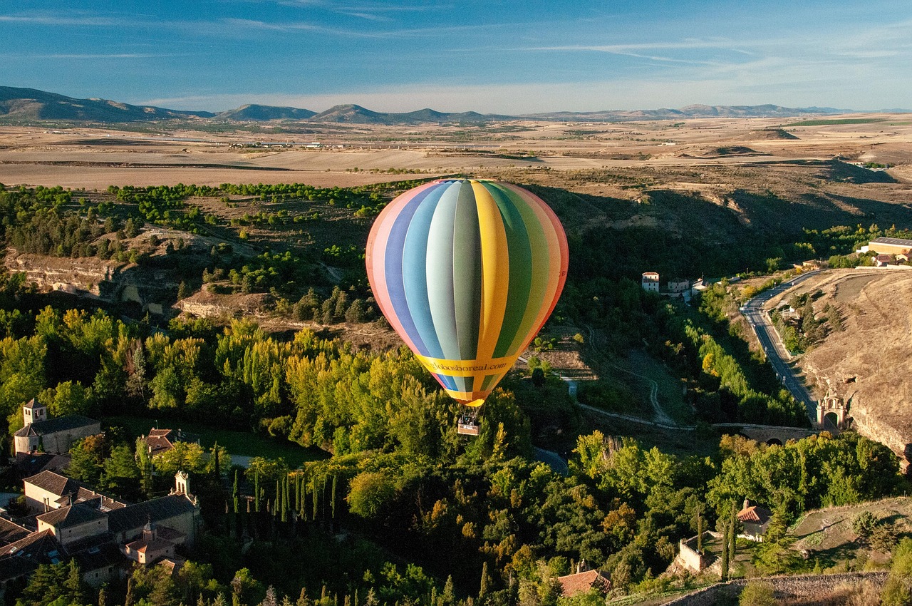 hot air balloon, flying, scenery, adventure, landscape, view, segovia, spain