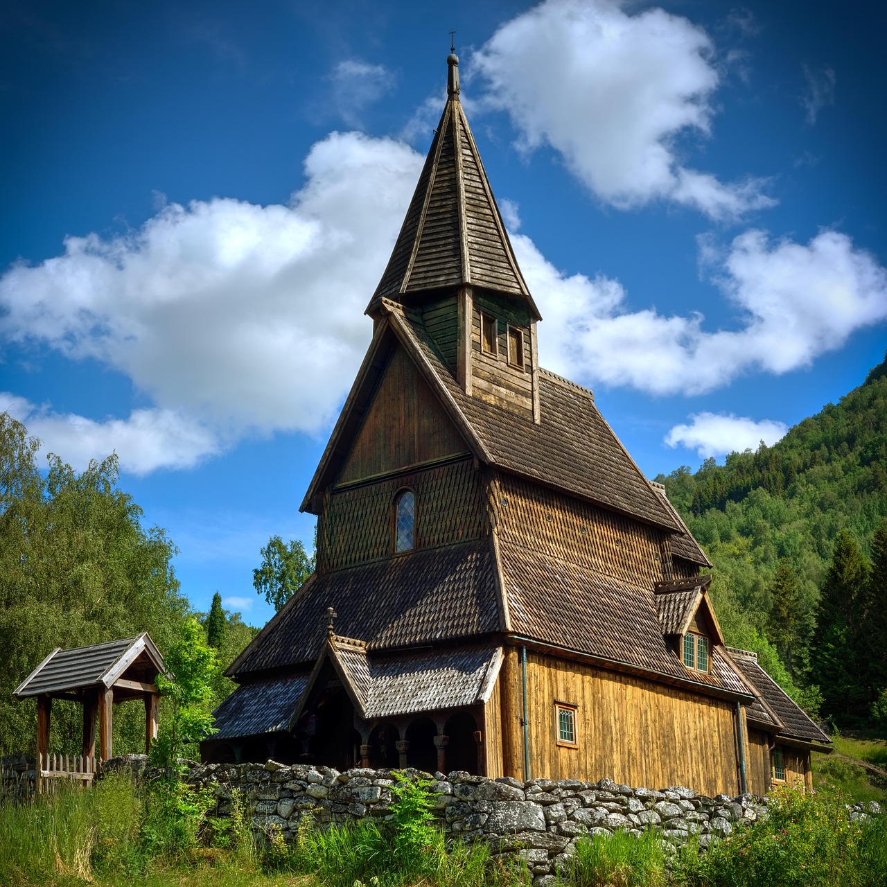 stave church, old, architecture, religion, building, urnes, norway, blue church, blue old