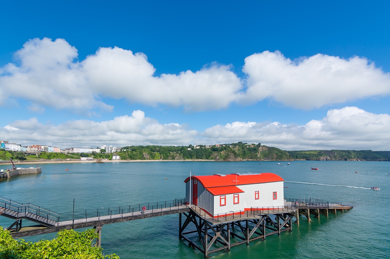 tenby, lifeboat station, pembrokeshire, wales, bay, seaside, seascape, holiday, clouds, scenic, vacation, coast, sea, nature, ocean