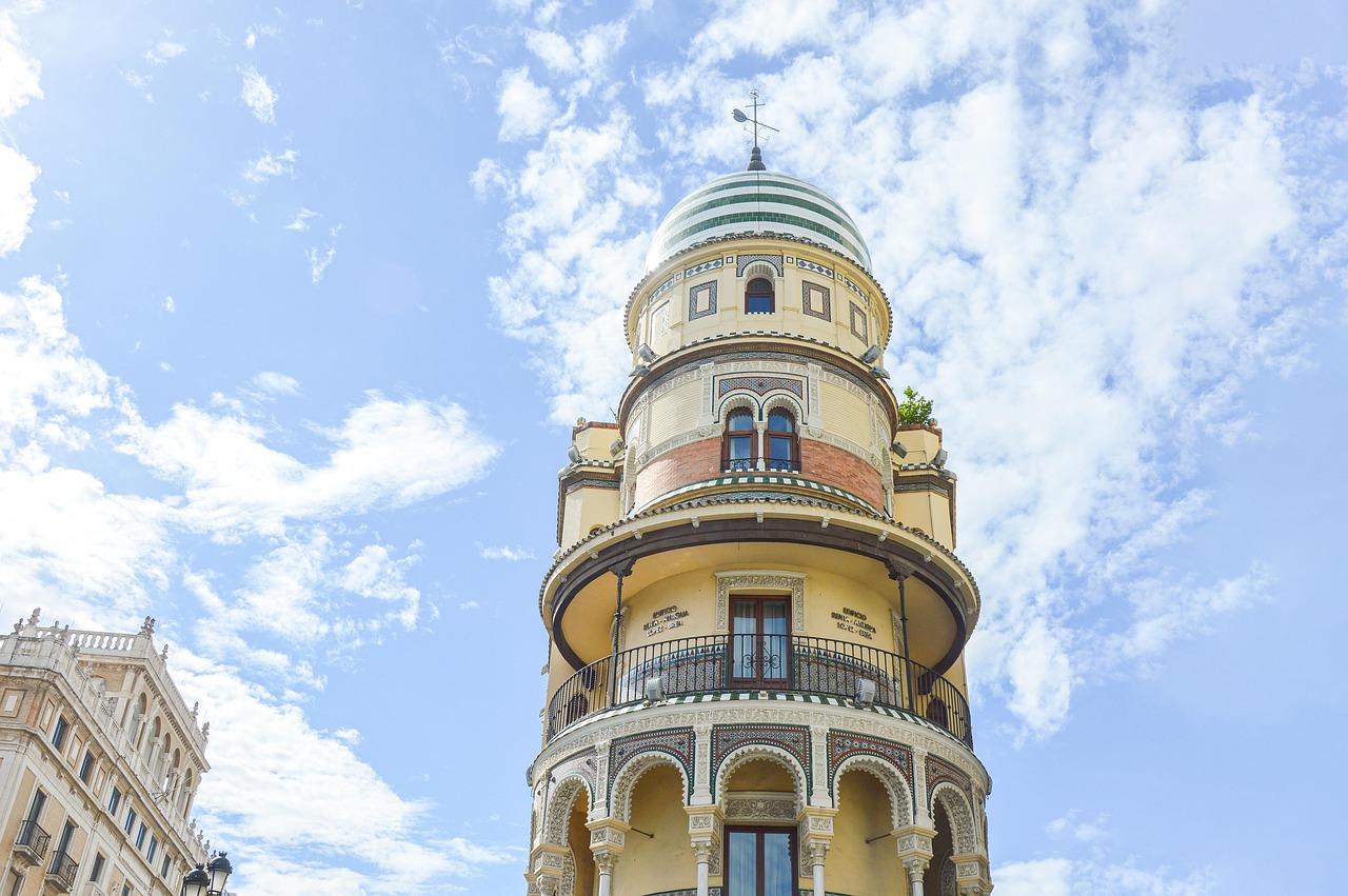 edificio de la adriática, tower, building, architecture, windows, arches, facade, dome, seville