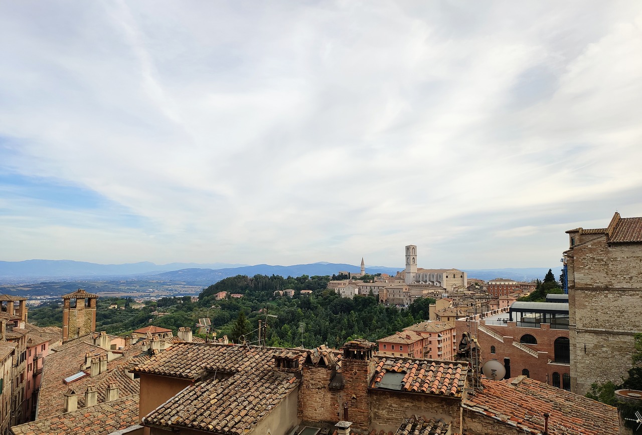 roofs, buildings, sky, view, cumulus, tress, city, perugia, umbria, italy, nature, landscape
