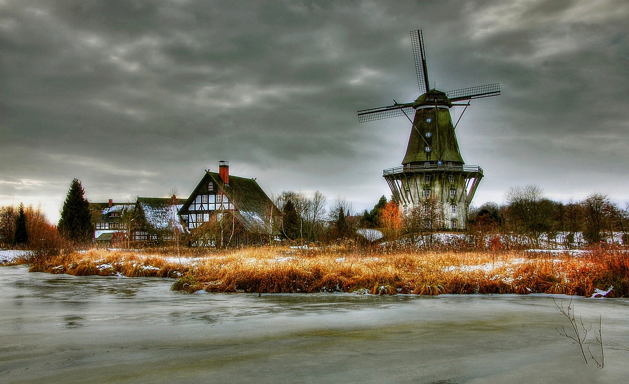 mills, museum, building, historical, gifhorn, wing, windmill, wind, water, mill museum, lower saxony, old, architecture, heaven, nature, open air museum, old mill, pond, destination, landscape, lighting mood, weather mood, clouds, romantic