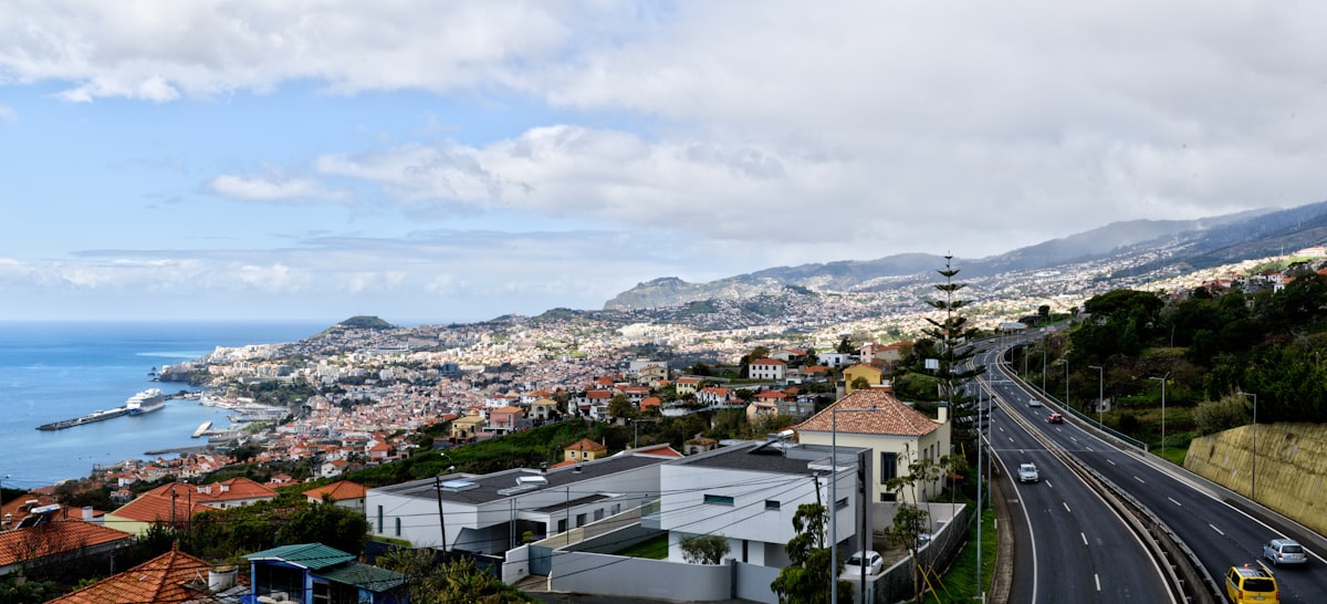 a city with a body of water in the background
