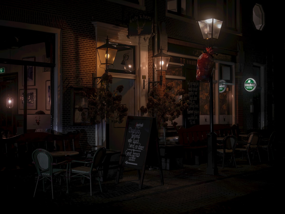 Cozy cafe exterior at night with outdoor seating