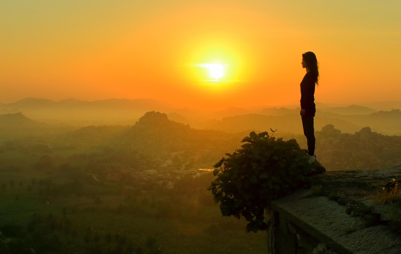girl, mountain, sunrise, woman, looking, watching sunrise, sunrise over mountain, nature, landscape, adventure, sky, alone, female, mountains, travel, outdoor, tourism, scenic, tourist, orange, hampi, india, unesco, scenery, alone, hampi, hampi, hampi, hampi, hampi, india, india, india, india