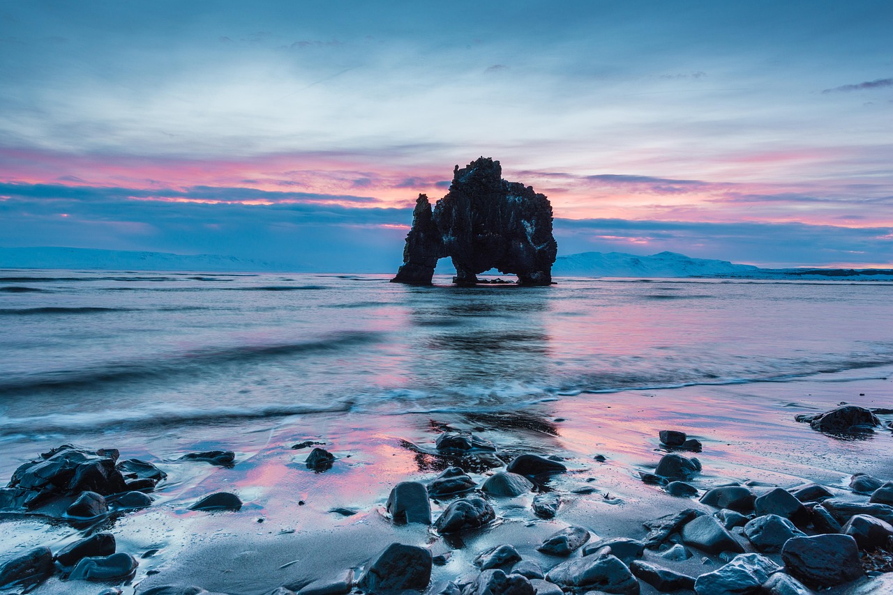 iceland, hvitserkur, coast, dawn, sea, morning mood, reflection, nature, sunrise