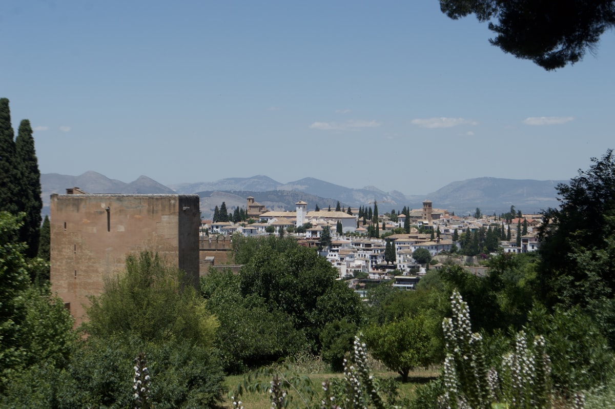 a view of a city with mountains in the background