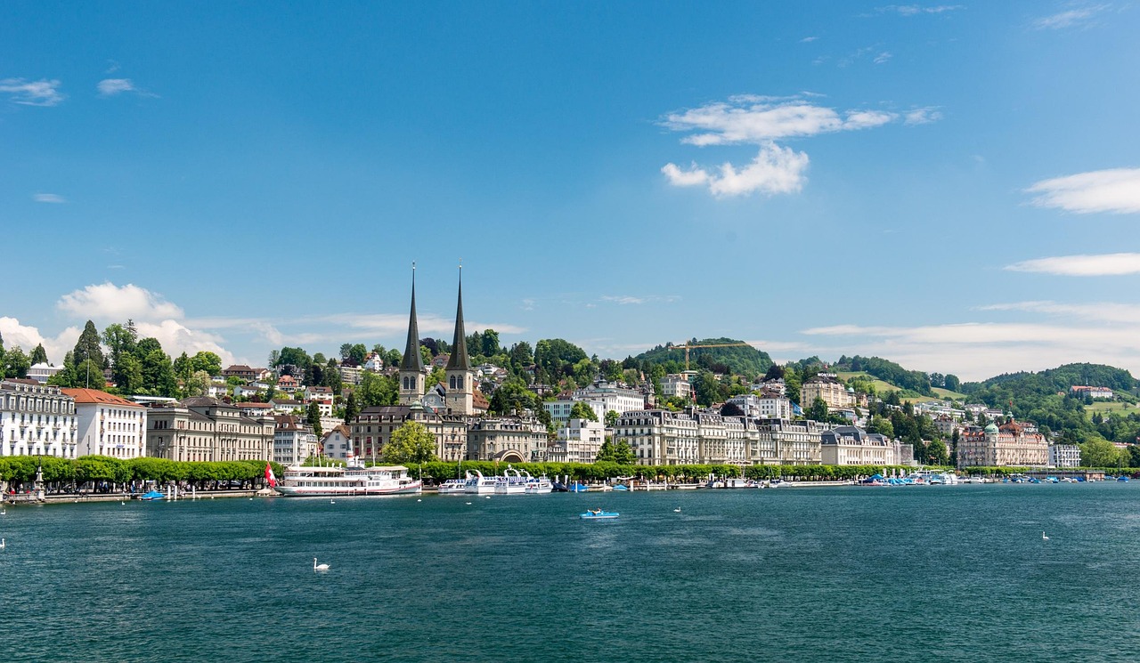lucerne, switzerland, nature, lake lucerne region, church, view, city, heaven, blue, lake, church st leodegar, national quai