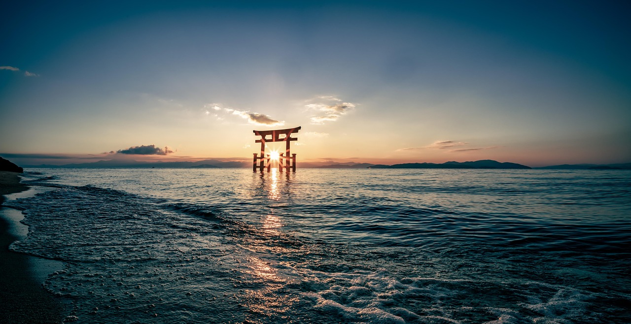 torii, lake, sunrise, waves, nature, small waves, coast, lakeshore, sun, sunlight, dawn, morning, japanese gate, shrine, shinto shrine, solemnity, shiga prefecture, shirahige shrine, lake biwa, japan, panorama