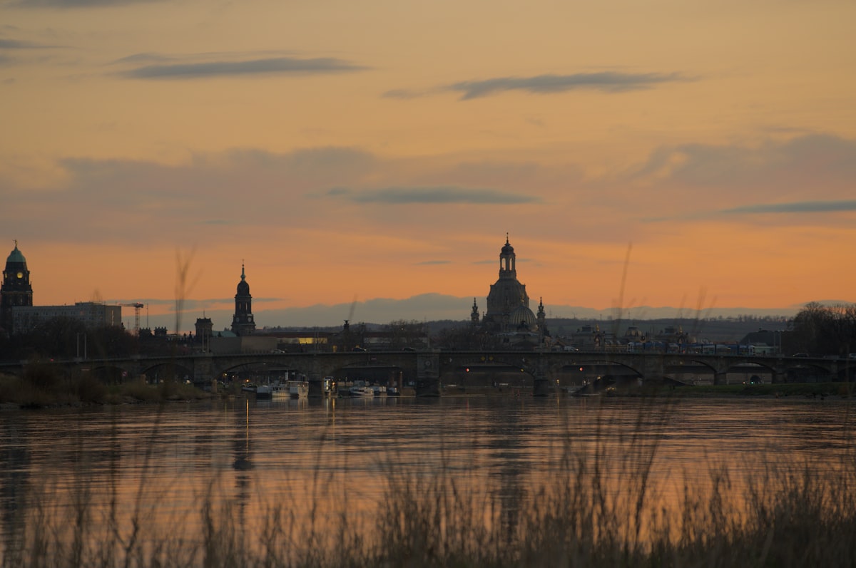 City skyline at sunset over river