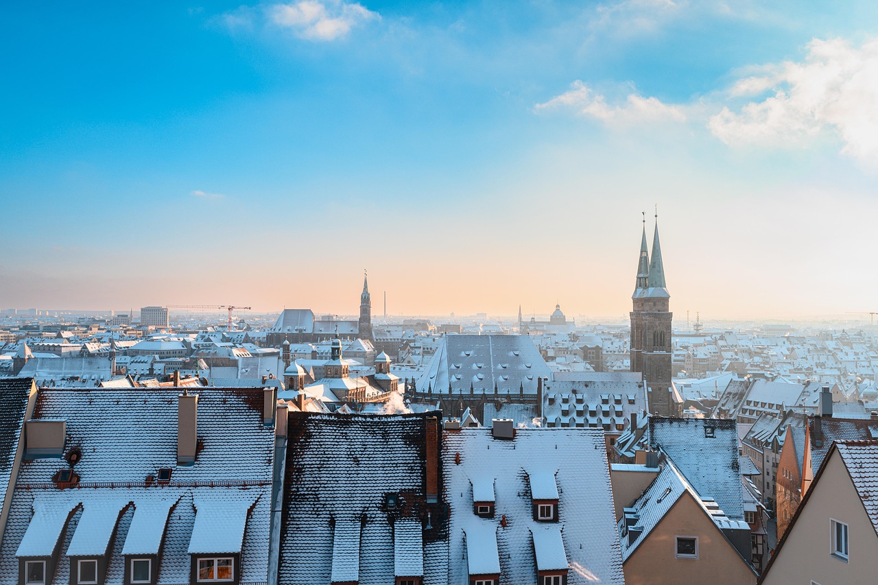 roofs, buildings, snow, city, winter, architecture, cold, horizon, outdoors, nature, wintry, nuremberg, historic center, churches, outlook, panorama