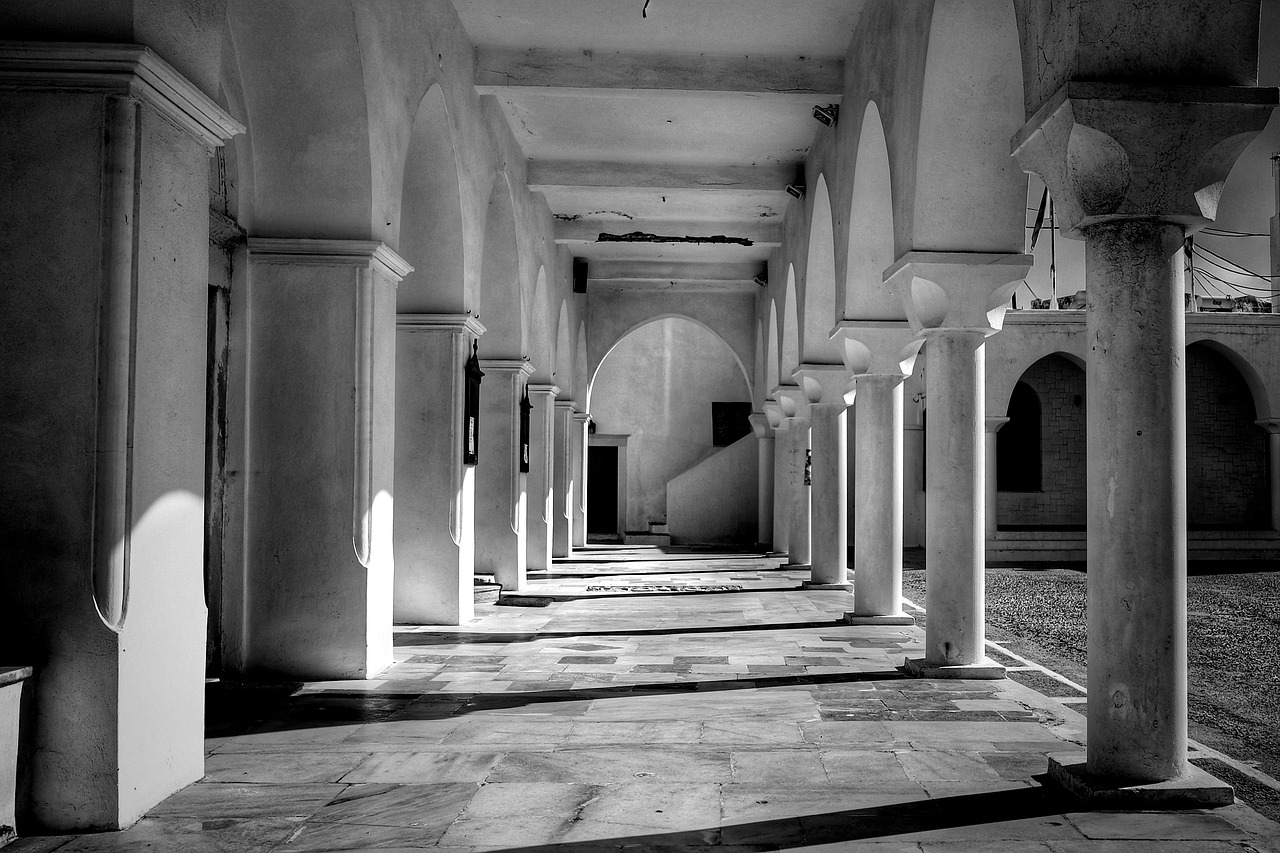 architecture, columns, church, greece, cyclades, naxos, church entrance, monochrome