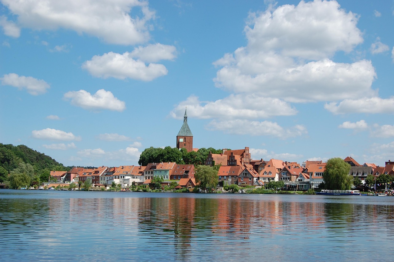 mölln, moellner lake, nature, water, lake, church, st, nicolai church, clouds