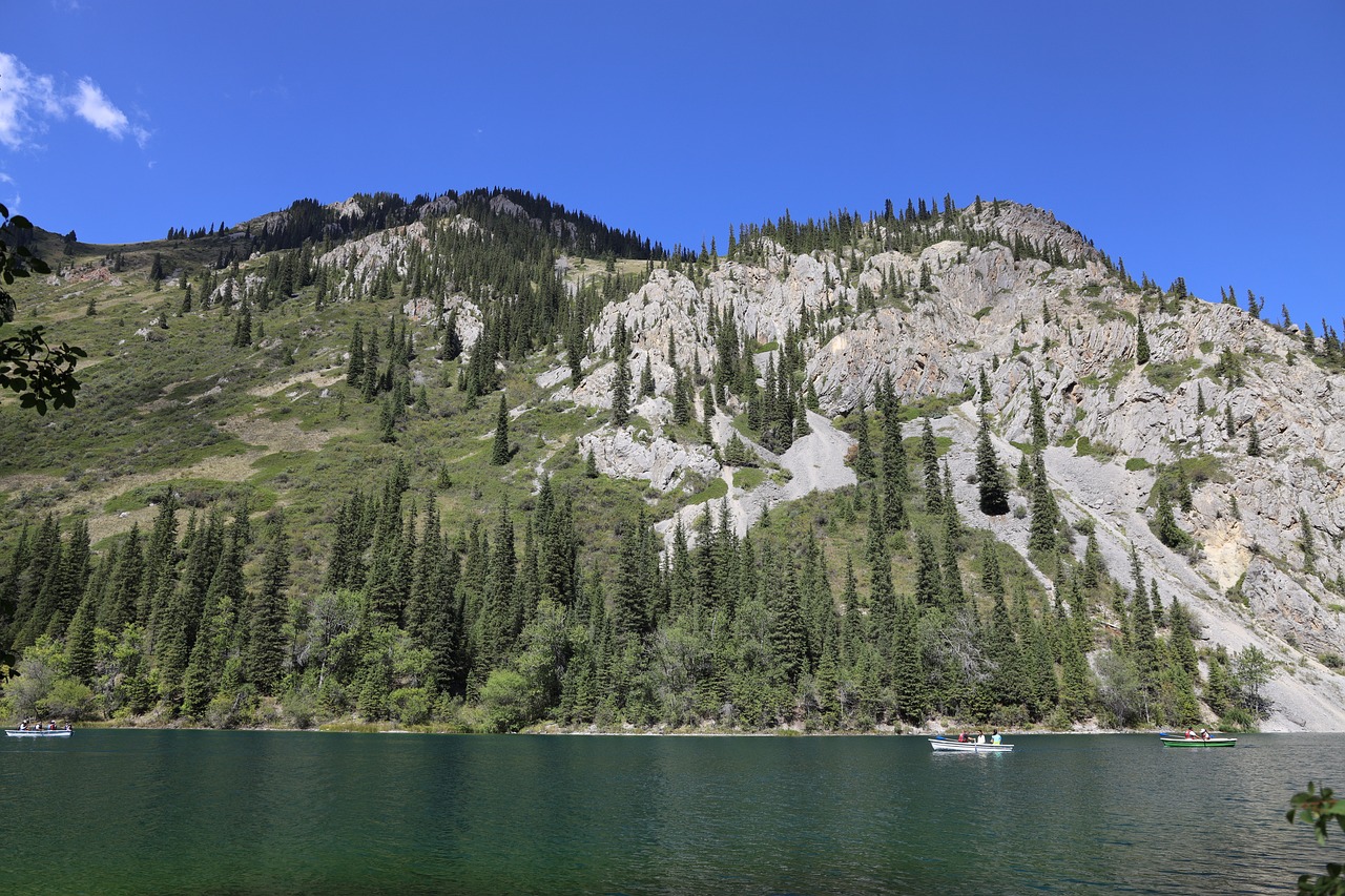 mountains, lake, landscape, nature, water, boats, kolsay, almaty, kazakhstan, sea, trees, tranquility, mountain range