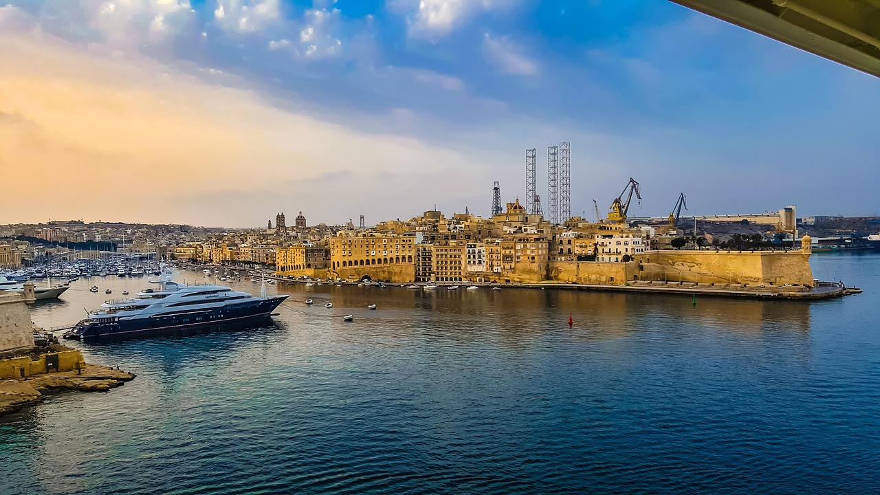 malta, harbor, ship, cruise, nature, fortress, island, mediterranean, morning, sunrise, sea, blue, bay, port, transport, old, tourism, travel, valletta, maltese, landscape, vacation, holiday, sun, rays, warm, light, boat, blue morning