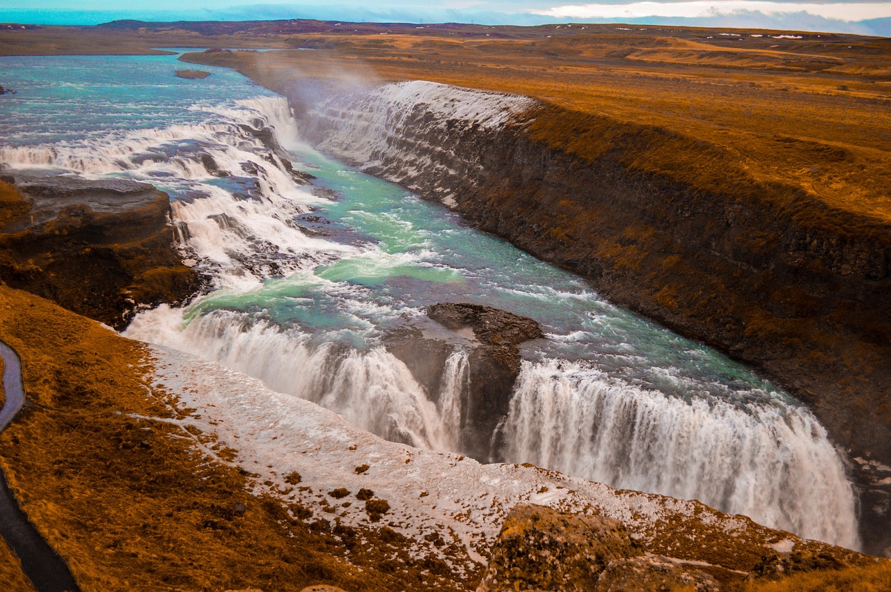 gulfoss, iceland, nature, cascade, adventure, force, landscape, waters, river, travel destination, waterfall, brown waterfall