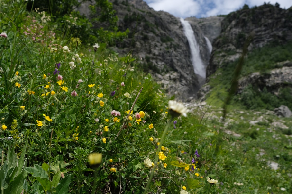 Waterfall cascades down a rocky mountain.