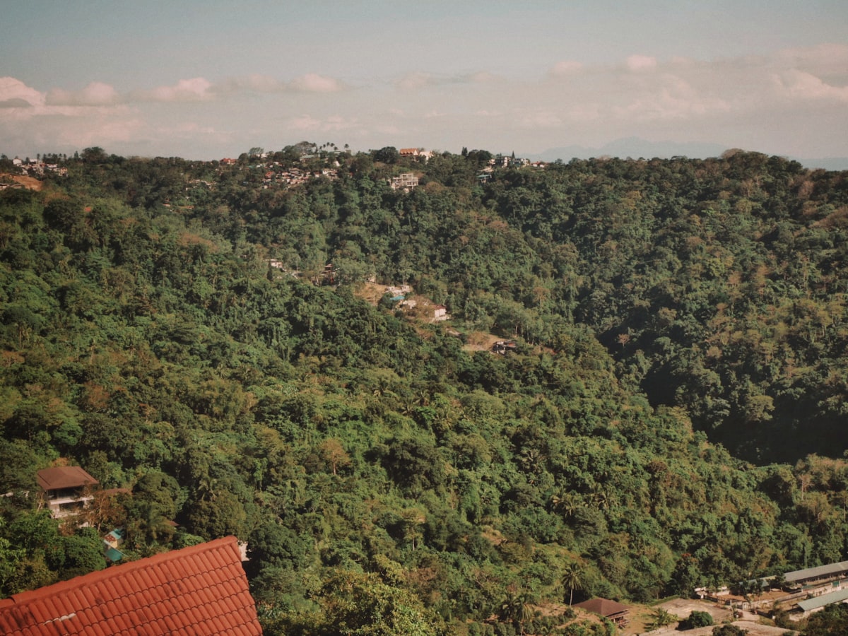 Lush green hills with scattered houses under a blue sky.