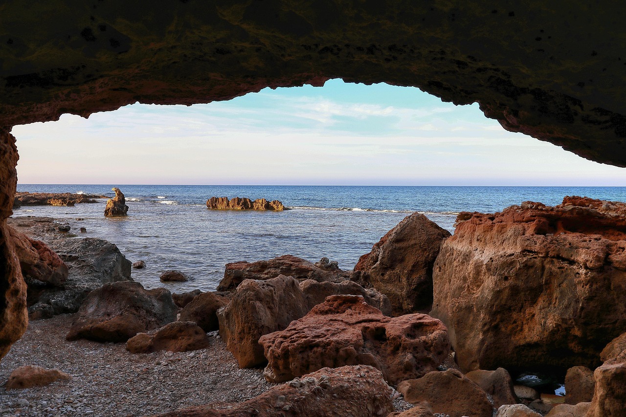 sea, mediterranean, caves, nature, grotto, rocks, horizon, tide, beach, stones